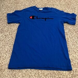Vintage Champion Felt Script Logo Short Sleeve Blue T-Shirt SZ‎ L Men's